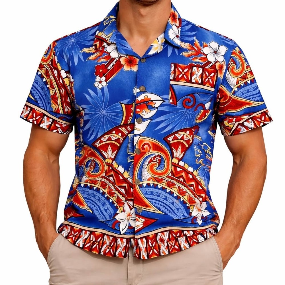 Mareko Hawaiian Aloha Shirt Large‎ Tribal Symbols Flowers Brown White Blue